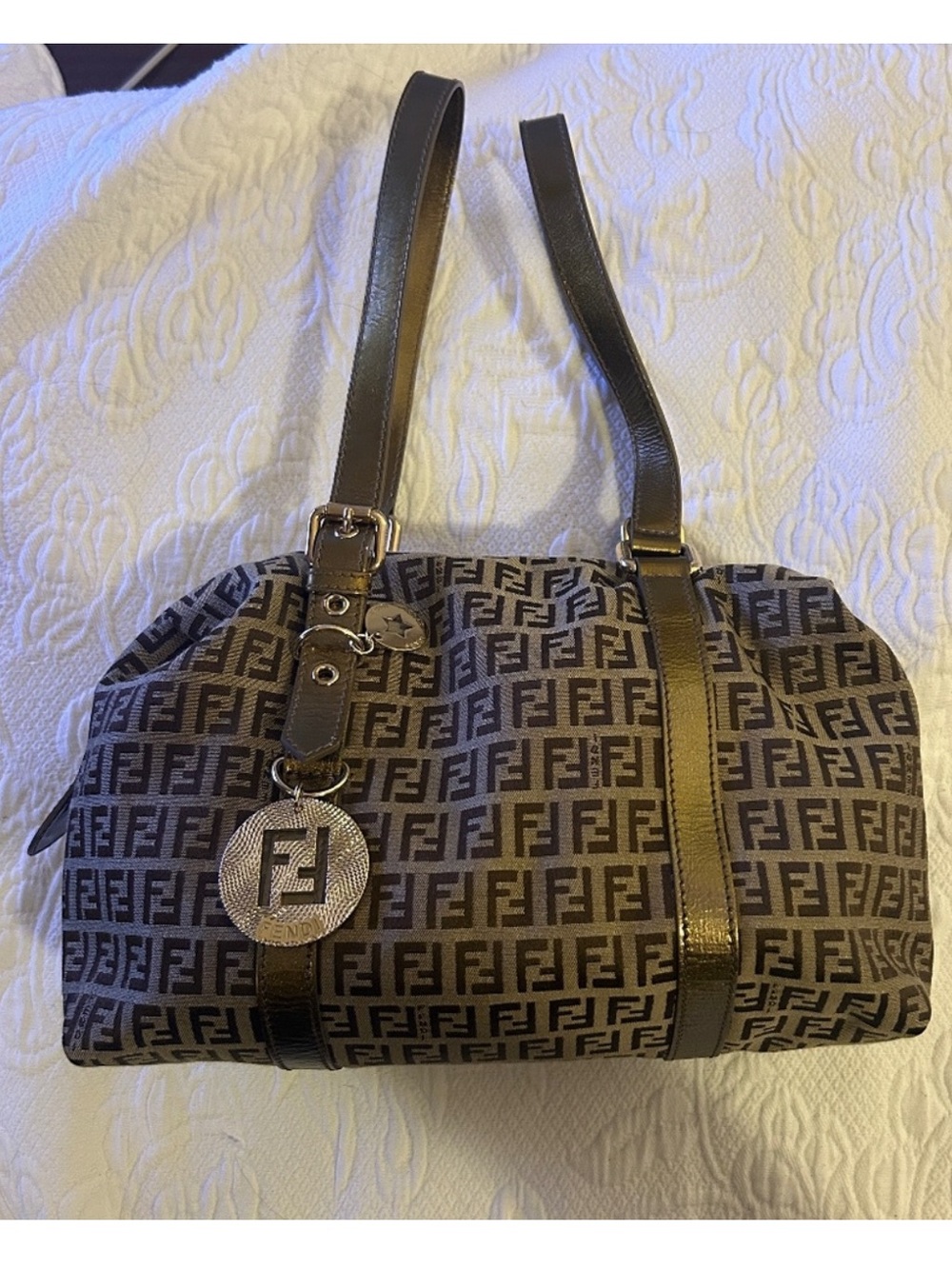 Fendi Zucchino Canvas Boston Bowler Bag Brown & Tan Like New